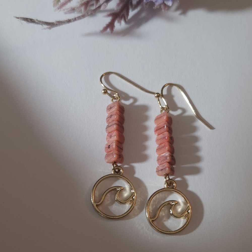 Breaking Waves Coral Gold Plate Wave Dangle Earrings Fog & Fern Clothing Company - Picture 3 of 6